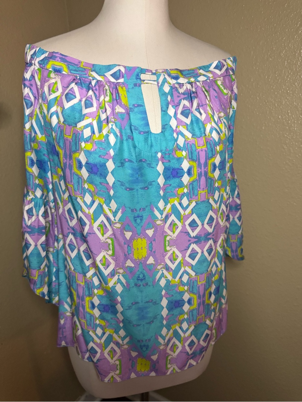 Alice & Trixie Off-the-Shoulder Tunic in Turquoise, Lilac & White